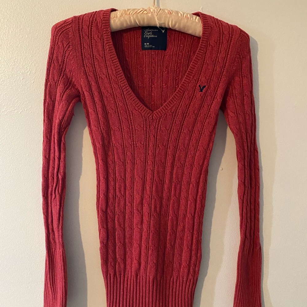 American Eagle Outfitters Dark Pink Cable-Knit V-Neck Sweater